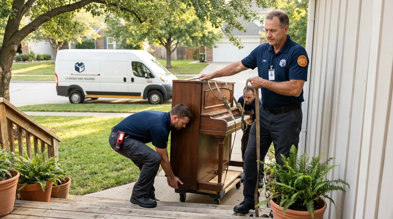 Licensed piano movers securing grand piano in Dwight, IL